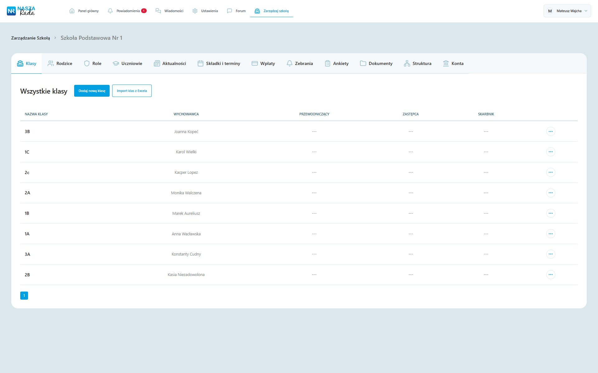 Nasza Rada - zrzut ekranu aplikacji dla rady rodziców - widok klas