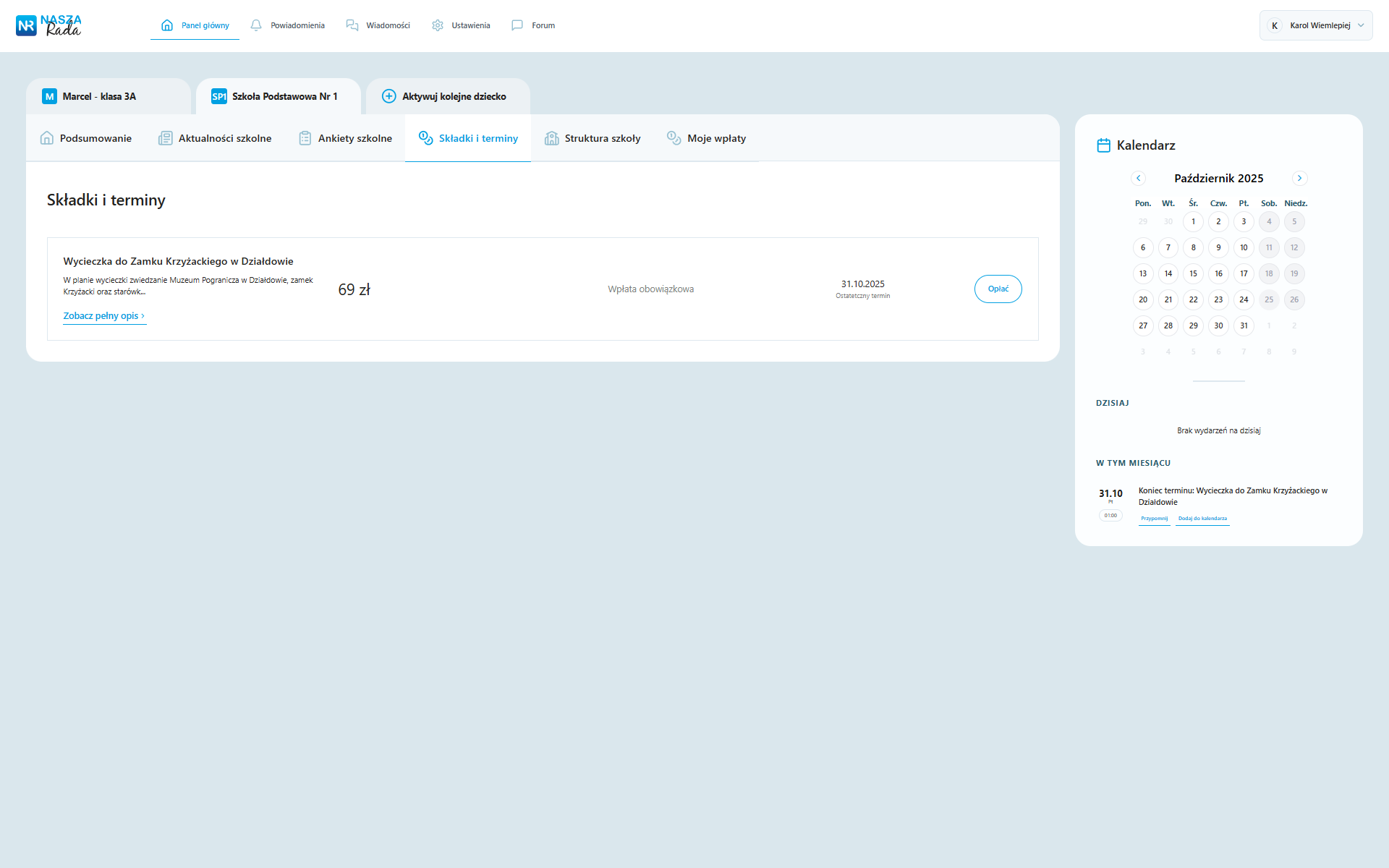 Nasza Rada - zrzut ekranu aplikacji dla rady rodziców - składki