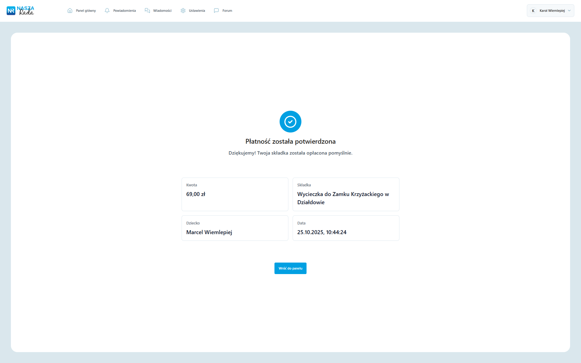 Nasza Rada - zrzut ekranu aplikacji dla rady rodziców - potwierdzenie opłacenia składki