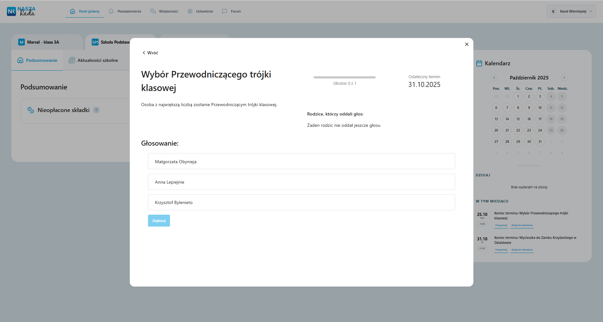 Nasza Rada - zrzut ekranu aplikacji dla rady rodziców - ankieta - wybór przewodniczącego