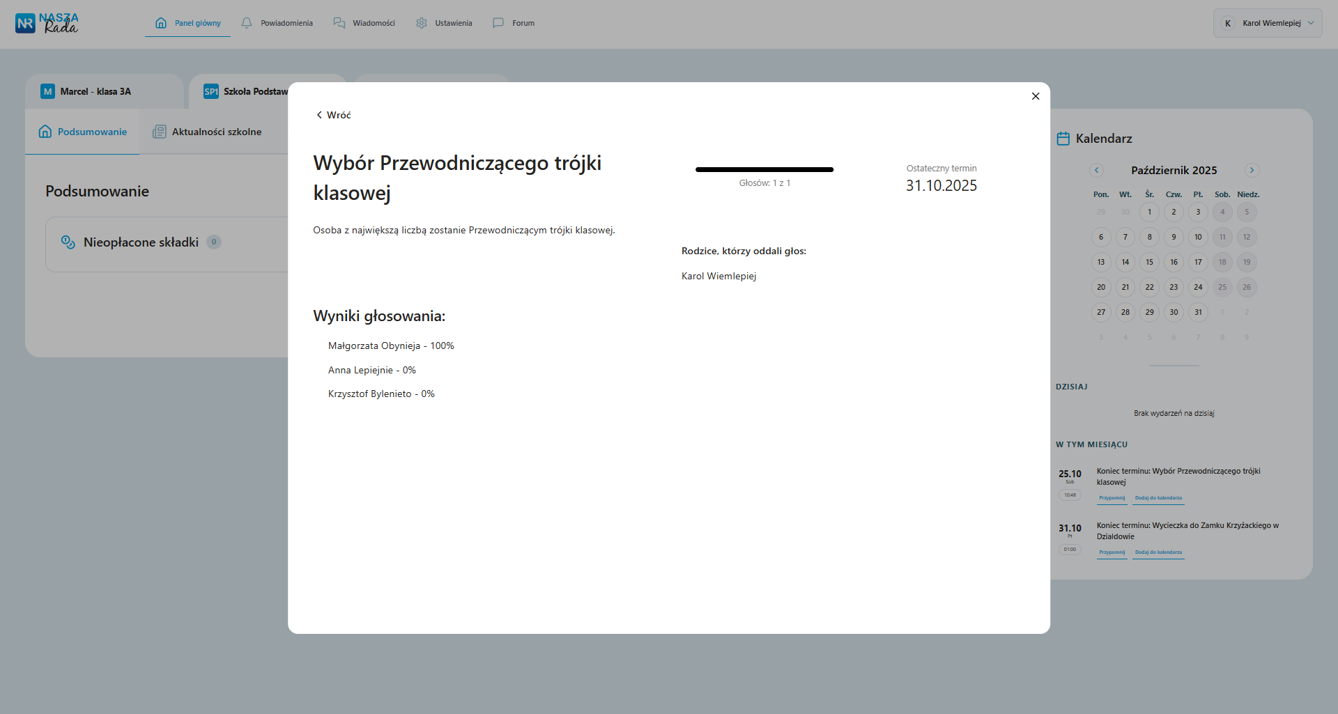 Nasza Rada - zrzut ekranu aplikacji dla rady rodziców - ankieta - wynik głosowania